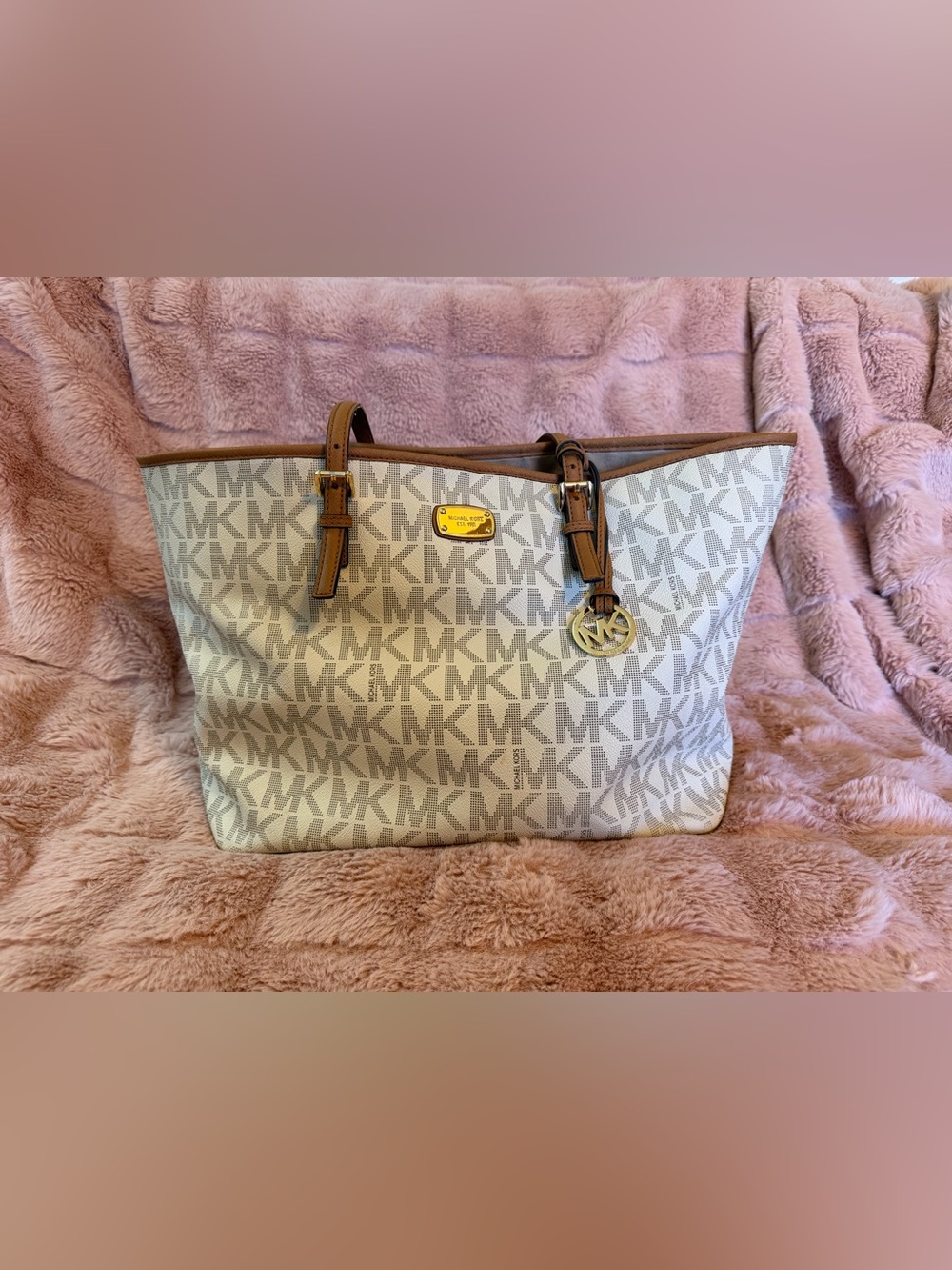 Michael Kors Beige and Brown MK Signature Tote with Gold Accents